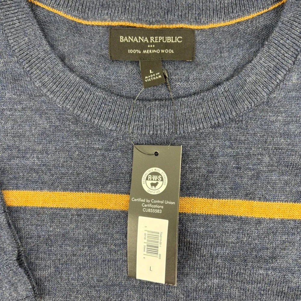 Banana Republic Sweater Mens L Blue NWT Merino Wool Stripe Crew Neck Long Sleeve
